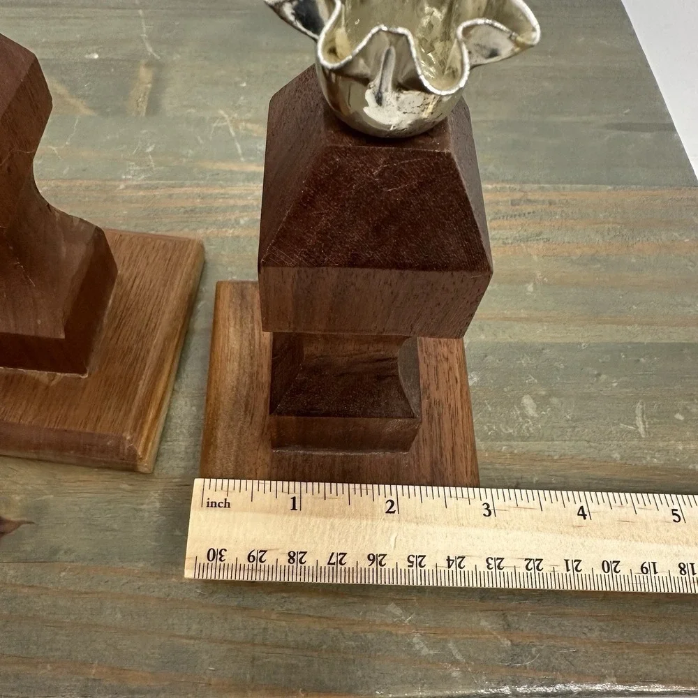 Vintage Mid Century Wood Candle Holders Pair Geometric Carved Taper Candlesticks